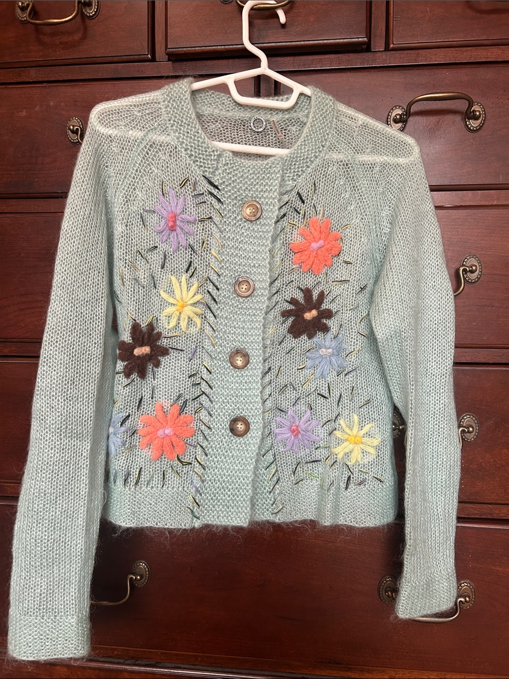 One Girl Who Mint Green Knit Cardigan with Multicolor Florals